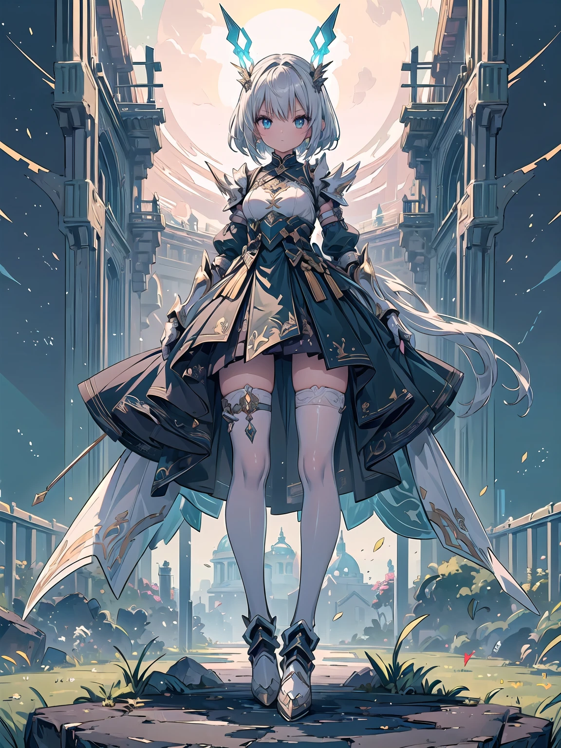 solo, standing skinny girl, long white hair, (white frilled white dress), (very short dress), white frilled tops, sheer dress, bared shoulders, too tight corset, white thighhighs, white thigh strap, BREAK, red eyes, BREAK, golden tiaras, BREAK, (show off large breasts), cleavage, collarbone, BREAK, skinny long legs, show off thigh gap, BREAK, smile for viewer, (nsfw:0.5), slipping vagina