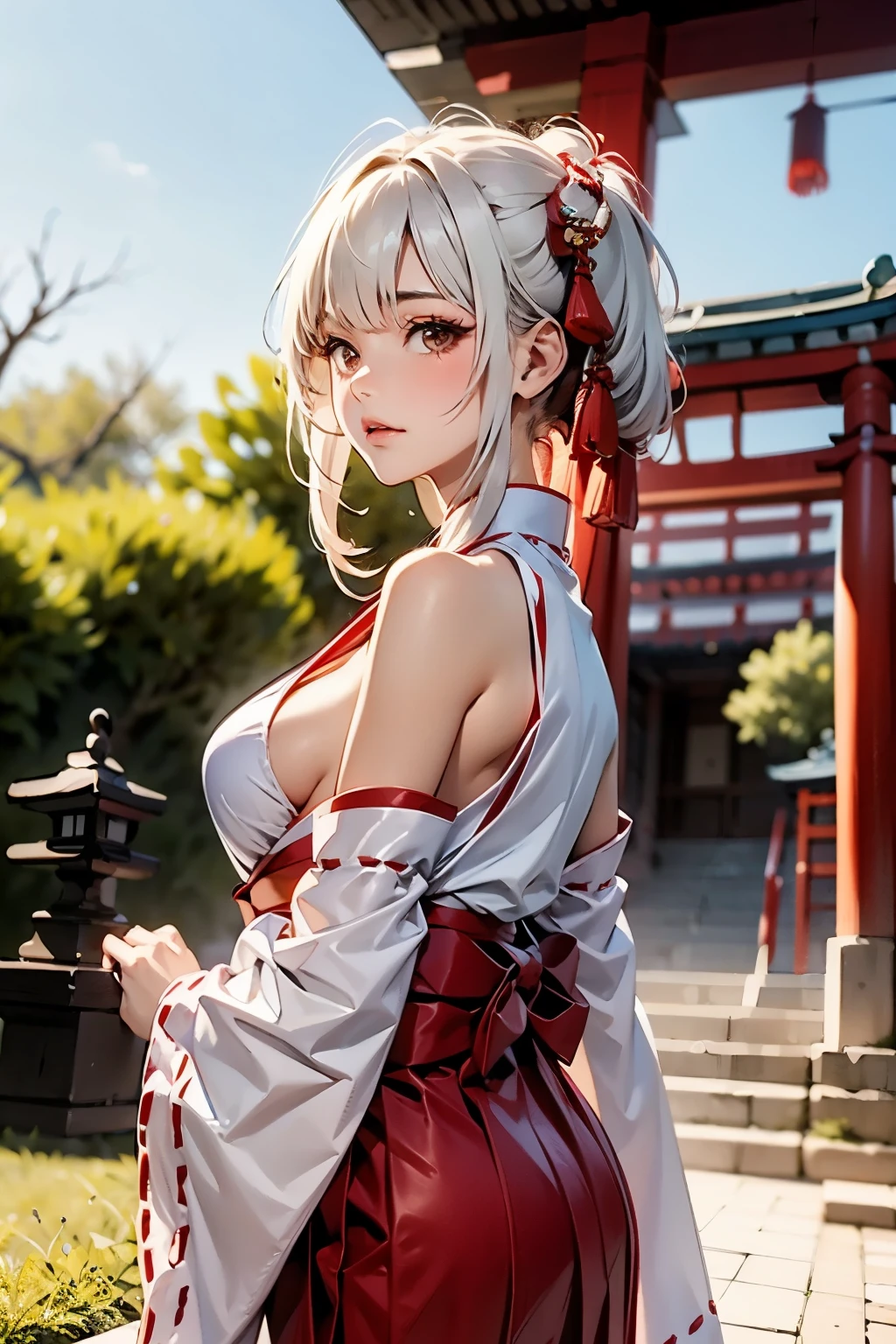 masterpiece, best quality, 1girl, white hair, medium breasts, Shrine maiden, white Shrine maiden clothing、red hakama, Separated sleeves, Exposed shoulders, Magazine model poses, ruins, from side
