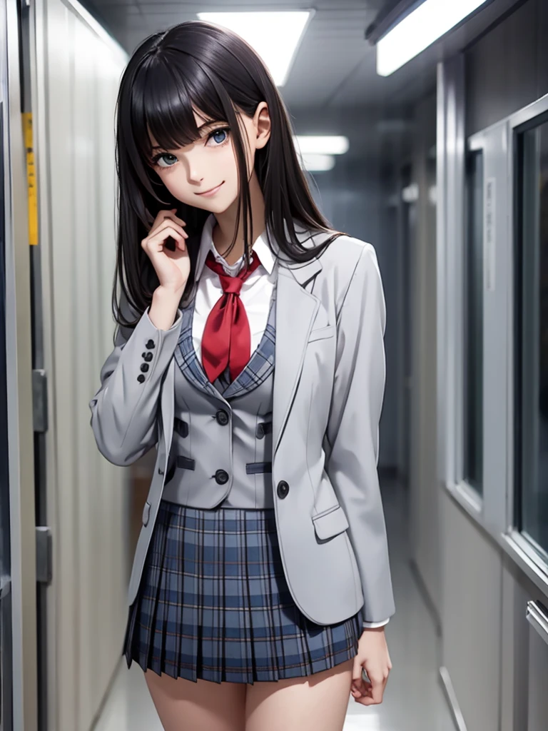 (8k, RAW Photos, Best Quality), Standing in a school classroom, (((((((One woman))))))), ((Black Hair)), ((Short semi-long hair)), (Asymmetrical bangs), ((Detailed eyes)), ((A happy smile)), ((Long, slender legs)), ((Red ribbon tie)), (((Light grey closed blazer))), (((A blue plaid pleated miniskirt that wraps around the hips))), Thighs, knees, Random pose，pretty girl，Slender girl