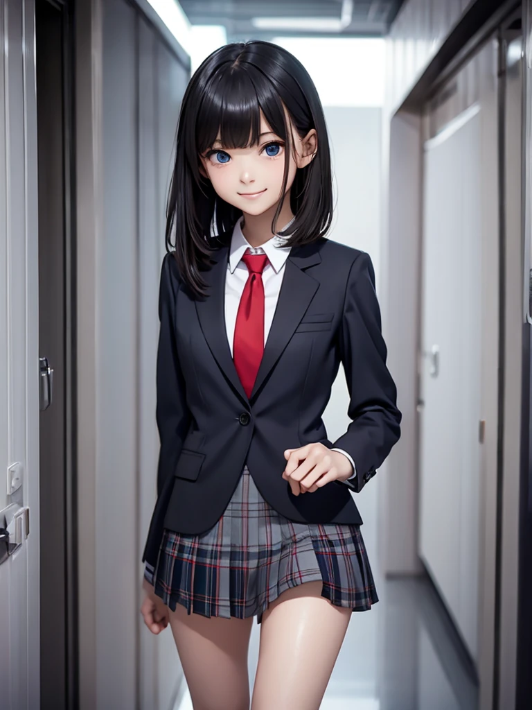 (8k, RAW Photos, Best Quality), Standing in a school classroom, (((((((One woman))))))), ((Black Hair)), ((Short semi-long hair)), (Asymmetrical bangs), ((Detailed eyes)), ((A happy smile)), ((Long, slender legs)), ((Red ribbon tie)), (((Light grey closed blazer))), (((A blue plaid pleated miniskirt that wraps around the hips))), Thighs, knees, Random pose，pretty girl，Slender girl