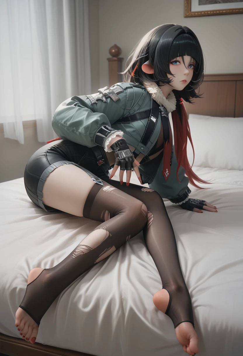 3D, 1girl, janedoe, bangs, black hair, blue eyes, red hair, long hair, mouse ears fur-trimmed jacket, green jacket, long sleeves, red necktie, high-waist black shorts, belt, fingerless gloves, single leg pantyhose, torn pantyhose, torn thighhighs, feet, barefoot, lie on bed, bed, red nails, showing feets, legs open, stirrup legwear, legs bent over the thighs