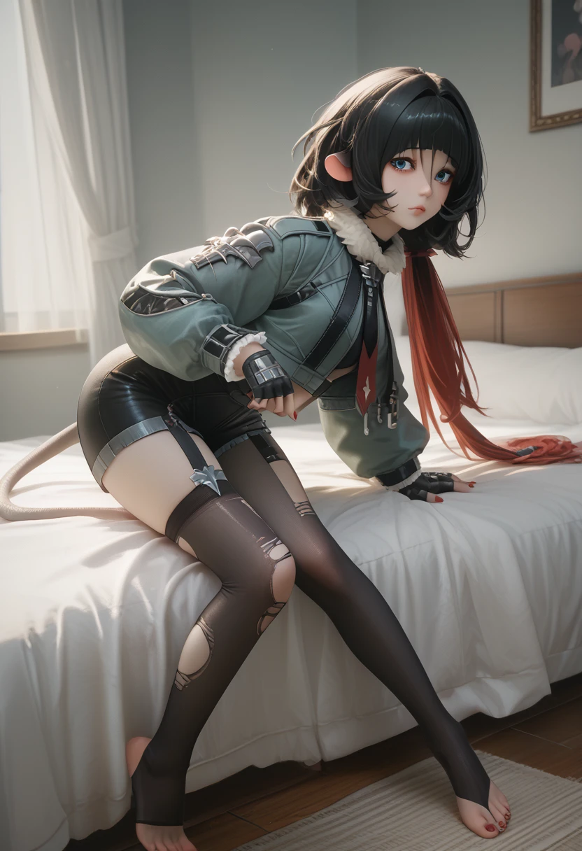 3D, 1girl, janedoe, bangs, black hair, blue eyes, red hair, long hair, mouse ears fur-trimmed jacket, green jacket, long sleeves, red necktie, high-waist black shorts, belt, fingerless gloves, single leg pantyhose, torn pantyhose, torn thighhighs, feet, barefoot, lie on bed, bed, red nails, showing feets, legs open, stirrup legwear, legs bent over the thighs