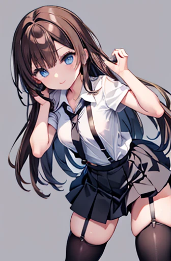 brown hair、looking at the viewer　　suspenders　　　Bulging big breasts　　 　 　　　　Black miniskirt　garter belt　knee high socks　　　　　　Gaze　　　small face　bangs 　　　　　Beauty　　hands up　　 　Gaze 　black boots 　provocation　　armpit sweat　one person 　　put your hands behind your back　cutter shirt　　Panty shot　ginka 
