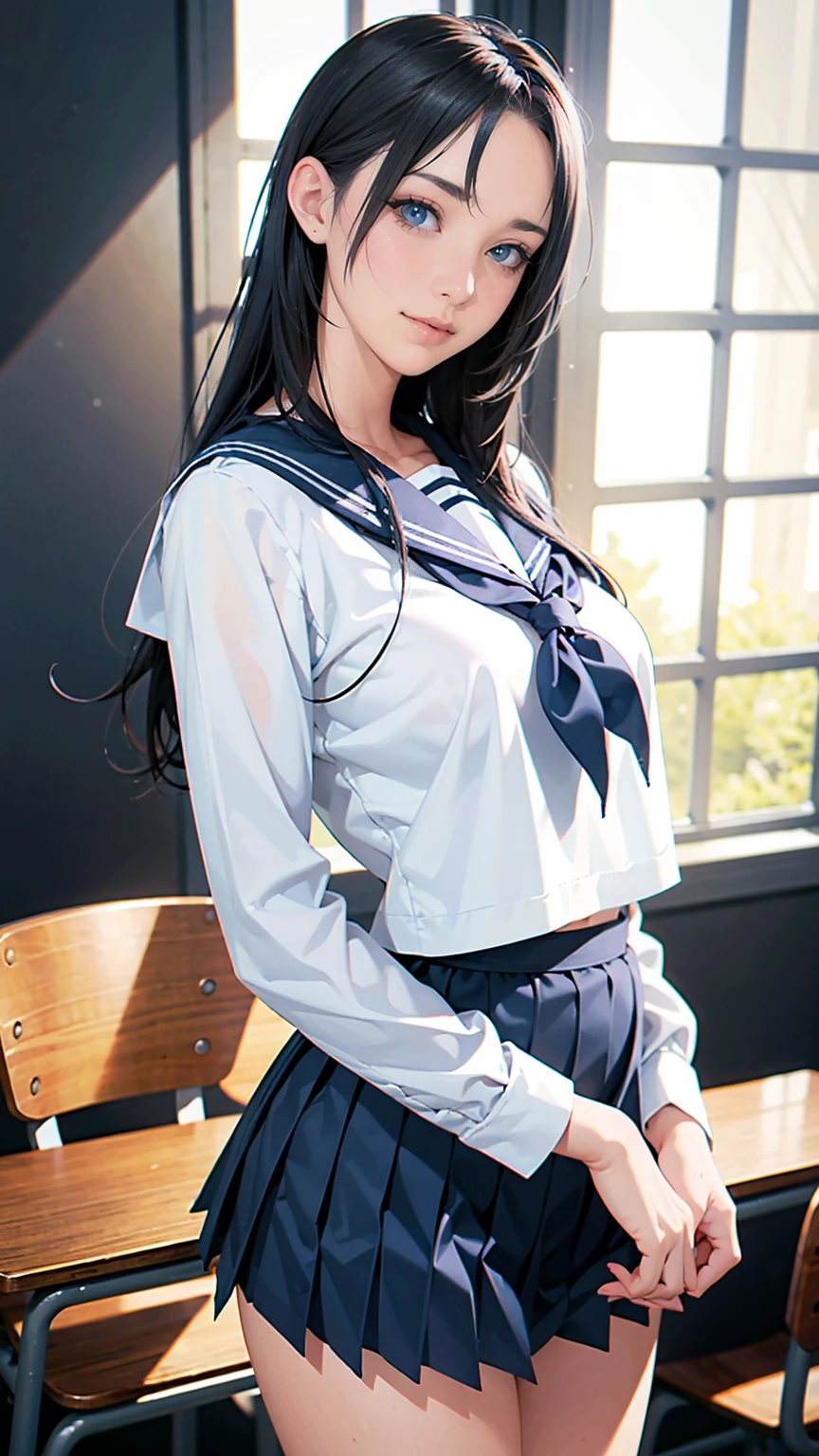 (((cowboy shot))),Ultra-high resolution,big eyes,((brown eyes)),Japanese,(forehead),(a girl),(1 girl),(()),(cute),pretty,((facing at viewer)),arms behind back,grin,(((black school sailor uniform))),pleated skirt,(((disney land)))