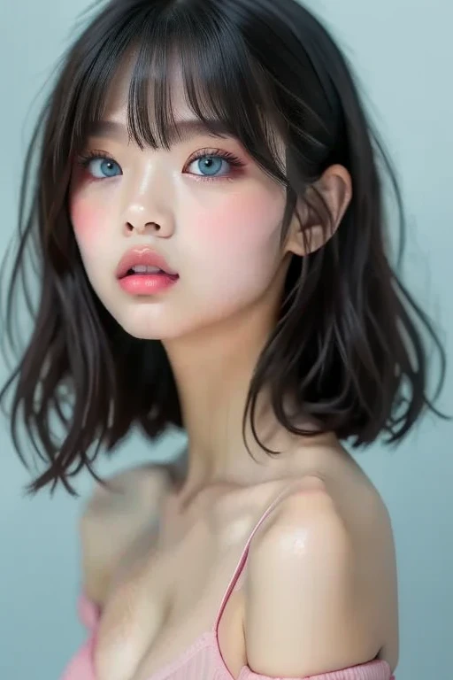 Girl wearing a sports bra, Glossy pink plump lips, Lips slightly open with lip balm applied, Moist pale blue eyes,Double eyelids、Standing in front of a blue studio background