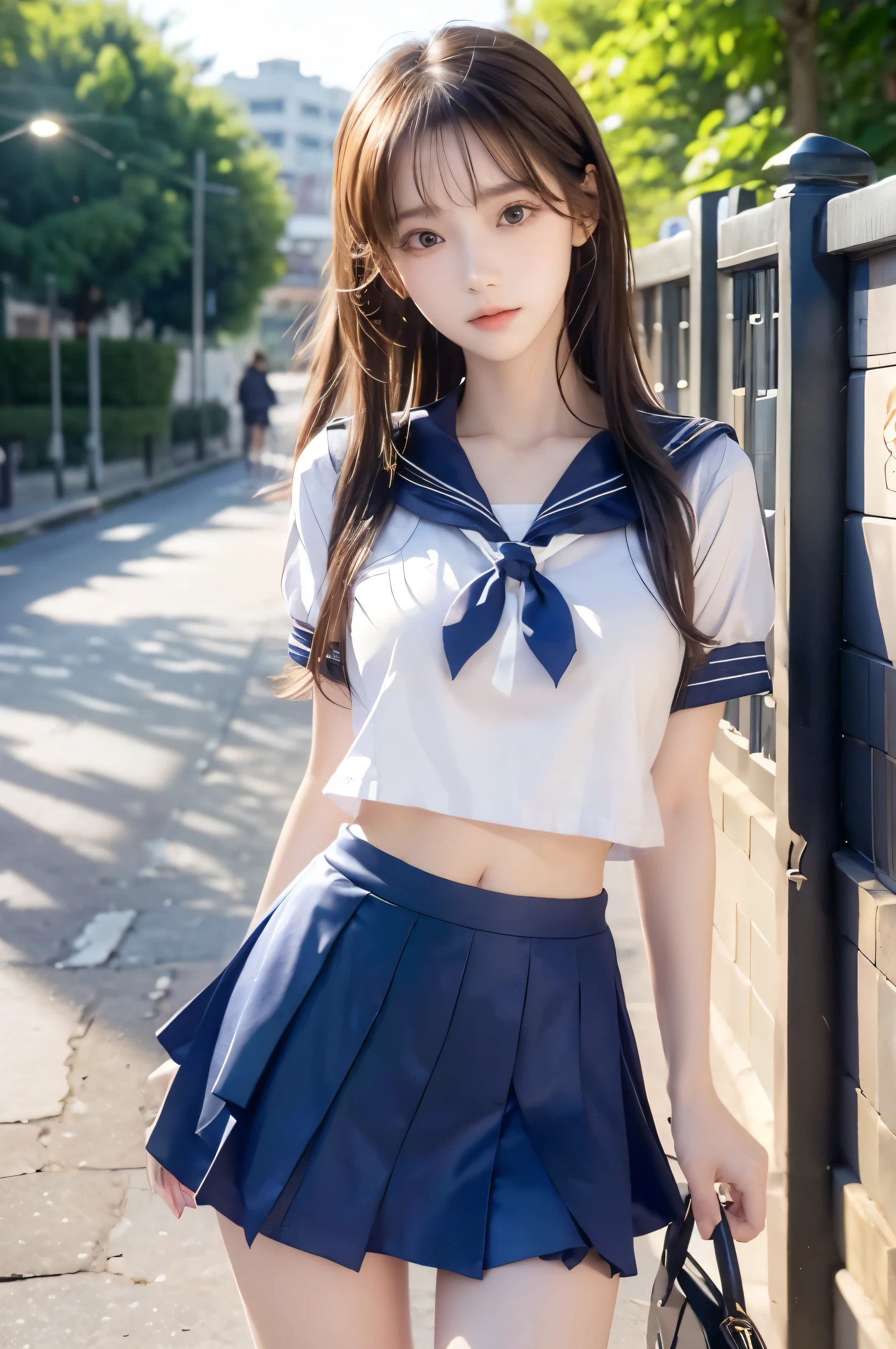 (Ultra HD), (Looking at me), (Short-sleeved sailor uniform, Navy blue mini skirt), Big Breasts, Super beautiful breasts, Slender, (Thin legs:1.2), (Thin thighs:1.2), (Thin Hips:1.4), (Beautiful Skin, Shiny skin, White skin), (Super slim face, Super beautiful face, No makeup, Smile:0.6), (Light Brown, Long Hair, Layered Cut, Fluffy hair), (Big eyes:1.3, High corners of the eyes:1.6, Double eyelids), (Thin eyebrows:0.1), (Small Nose:0.6), (Thin lips:0.6), Beautiful Hands, Empty-handed, Standing, In front of the school gate