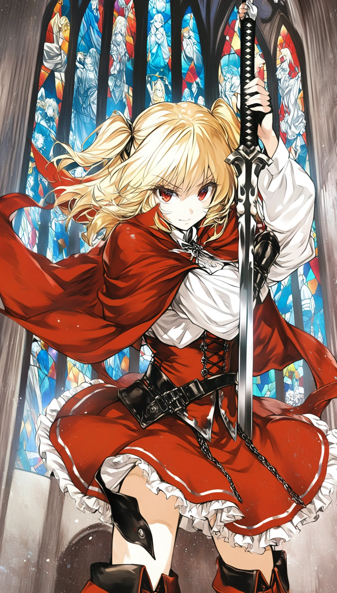 1girl, solo, cowboy shot, white shirts, red long cape cloak, red corset, frills red skirt, black fingerless gloves, knee boots, blonde, two side up, red eye,
Sword carried diagonally, Anime Girls, dutch angle, acrobatic pose, Gloomy painting style, holding a sword, church, stained glass
Score_9,Score_8,score_7_up,source_anime, rating_questionable,