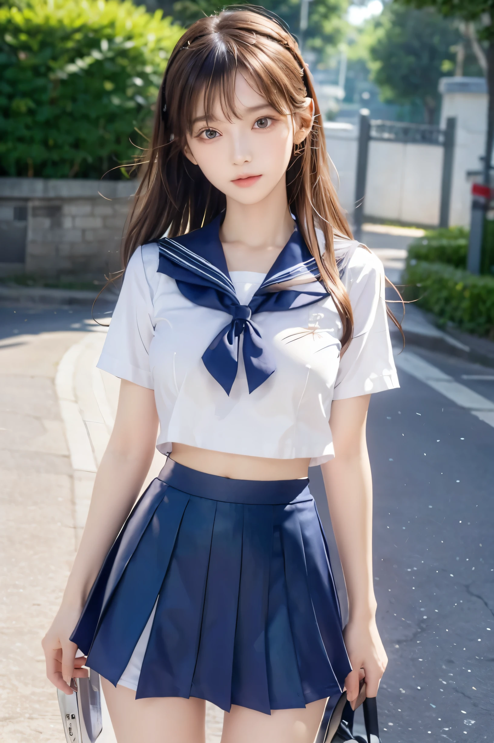 (Ultra HD), (Looking at me), (Short-sleeved sailor uniform, Navy blue mini skirt), Big Breasts, Super beautiful breasts, Slender, (Thin legs:1.2), (Thin thighs:1.2), (Thin Hips:1.4), (Beautiful Skin, Shiny skin, White skin), (Super slim face, Super beautiful face, No makeup, Smile:0.6), (Light Brown, Long Hair, Layered Cut, Fluffy hair), (Big eyes:1.3, High corners of the eyes:1.6, Double eyelids), (Thin eyebrows:0.1), (Small Nose:0.6), (Thin lips:0.6), Beautiful Hands, Empty-handed, Standing, In front of the school gate