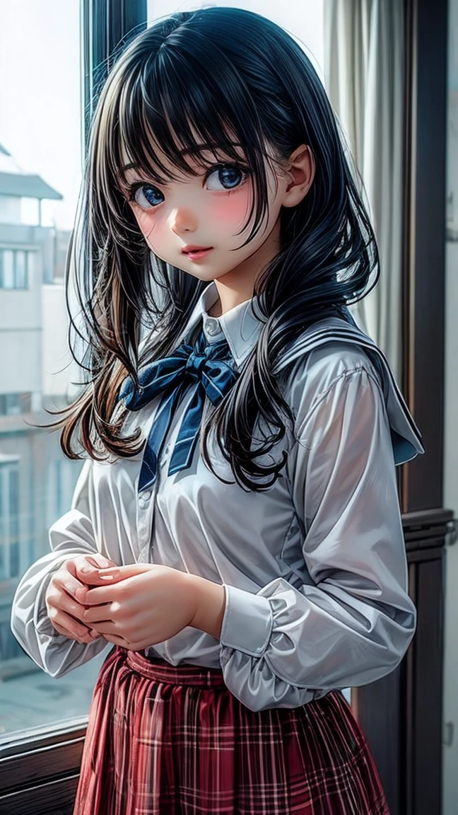 masterpiece, best quality, ultra-detailed, illustration, epic lighting, cinematic composition, isometric, 1girl, solo, cute, brown eyes, black hair, swept bangs, single sidelock, red hairclip, white collared shirt, black necktie, black pants, formal, enchanting gaze, captivating pose, indoors, office, door, opening door, looking at viewer, peeking out upper body, blush, seductive smile, closed mouth,(8k:1.1),