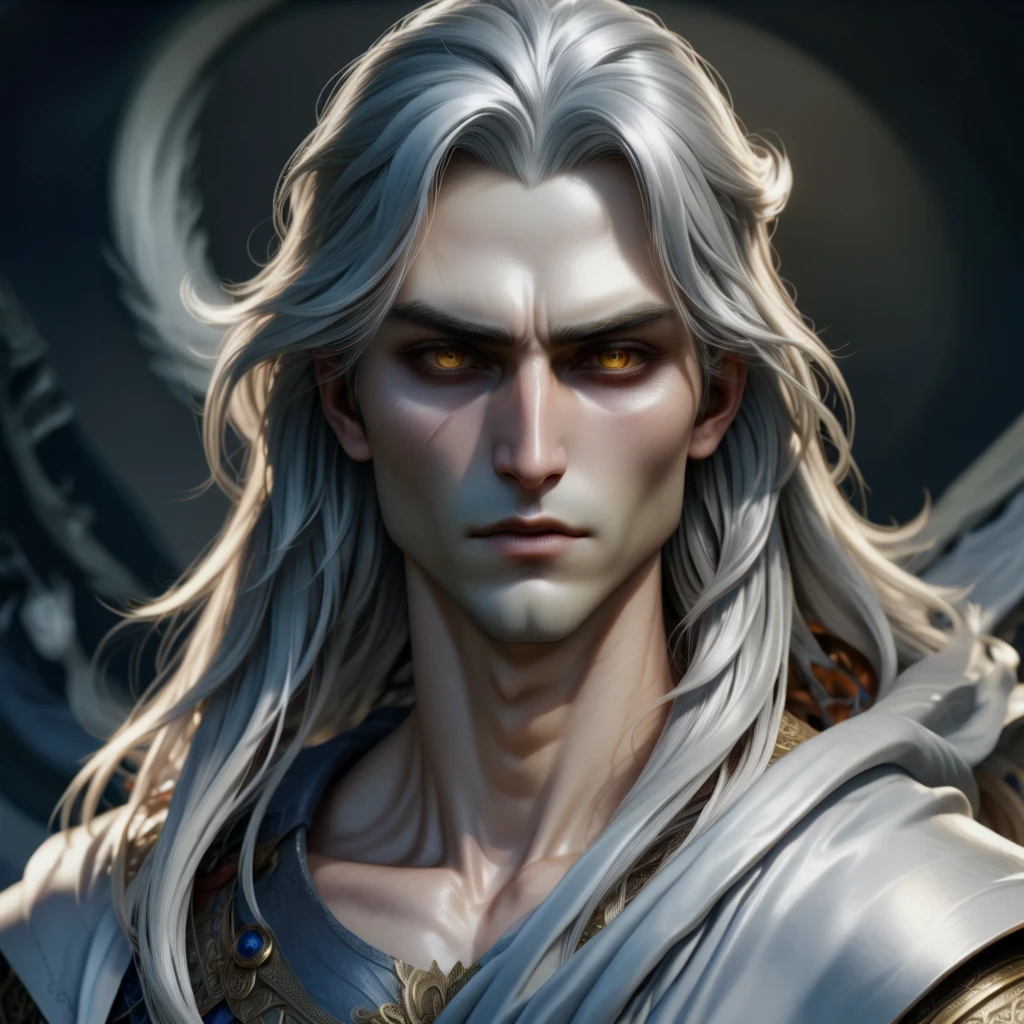 masterpiece, highest quality, (solo focus), (perfect face:1.1), (high detail:1.1),dramatic, 1guy, (pale skin), long straight voluminous white hair, white eyes, solo, long hair, moon, night, white luxury suit, covered navel, pouty lips,(vampire), palace, detailed background, art by artgerm and zeilyan, gothic renaissance, cinematic lighting,