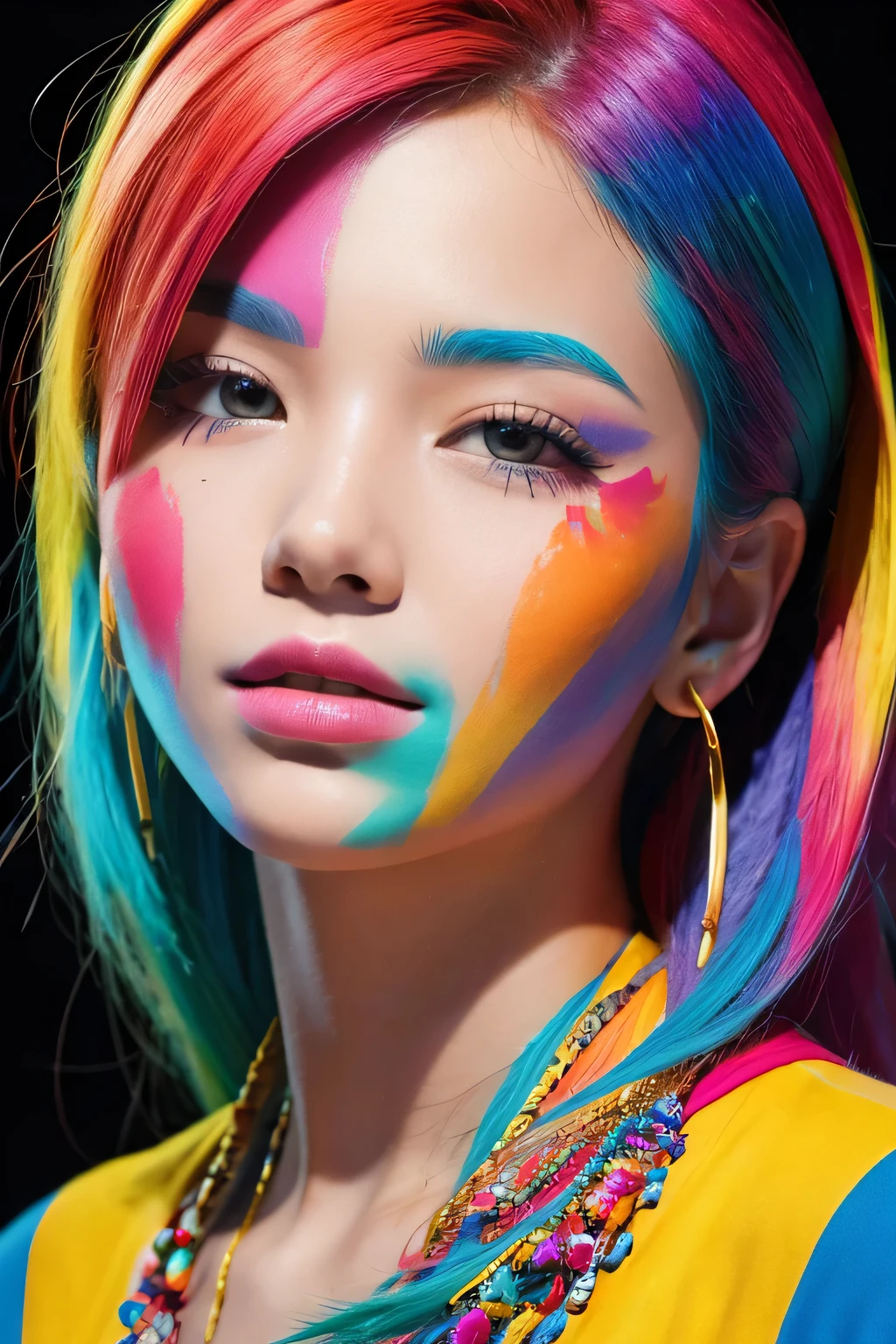 masterpiece, best quality, 1girl, solo, crop top, denim shorts, choker, (graffiti:1.5), paint splatter, arms behind back, against wall, looking at viewer, armband, thigh strap, paint on body, head tilt, bored, multicolored hair, aqua eyes, headset,