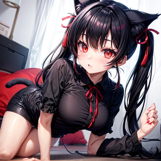 1girl, breasts, pubic_hair, solo, animal_hands, tail, female_pubic_hair, fake_tail, thighhighs,cat paw_gloves, nipples, animal_ears, large_areolae, black_hair, lying, bell, on_back, navel, gloves, spread_legs, anal_tail, neck_bell, blush, anal, sweat, cat_ears, striped, ..., pussy_juice, long_hair, cat_tail, pussy, fake_animal_ears, striped_thighhighs, spoken_ellipsis, bangs, nude, looking_at_viewer, anal_object_insertion, object_insertion, choker, ass, closed_mouth, orange_eyes, cat_paws, jingle_bell, mosaic_censoring, pillow, //naked woman lying on a bed. She has long black hair with cat ears on her head and is wearing white gloves with red and white stripes. She is also wearing a red necklace with a yellow pendant. The woman is lying on her back with her legs spread apart and her arms resting on her thighs. Her breasts are prominently displayed and she is looking directly at the camera with a seductive expression. The background is a plain white wall.