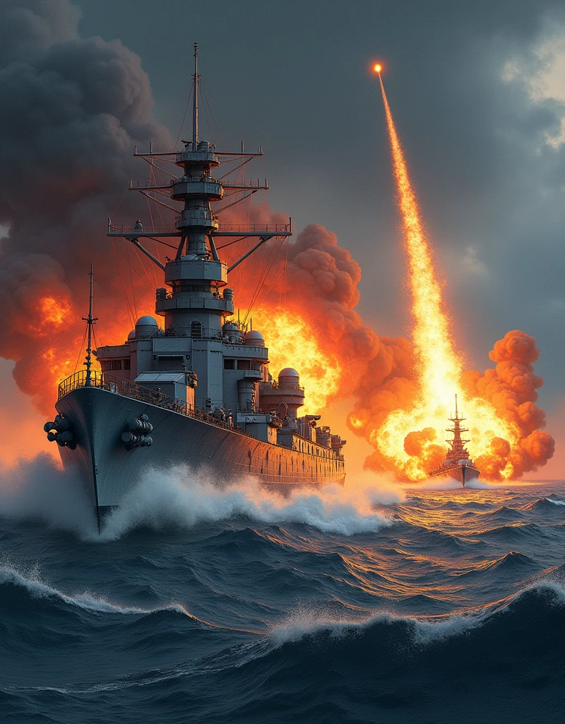 Illustration of a war scene in a realistic style，On the left side of the picture is a large battleship，The hull was partially engulfed in flames，Thick smoke，Shows the cruelty and destructive power of battle。The steel structure of the battleship was twisted and deformed by the impact of the explosion.，The details show the metallic luster and burnt marks under the firelight.。
Right，A rocket is fired from a warship，Its tail drags a long trail of flames，The explosion created a huge fireball and thick smoke.，Evaporating the surrounding seawater into mist，Create a tense and dynamic atmosphere。Rocket details，Including the flames at its tail and the shock wave generated by the explosion，All carefully carved，Enhanced the realism of the scene。
Background with gloomy sky，The waves roll，The waves on the sea echo the dark clouds in the sky，Together they paint a picture of fierce fighting、Harsh maritime battlefield environment。The whole picture is compared with the destruction of the battleship、Rocket explosion and gloomy background，Conveys a profound reflection on the cruel reality of war and a desire for peace