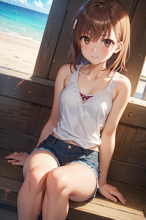 
misaka mikoto、Shiny brown hair, short hair, Beautiful brown eyes、smile、Shining Eyes, (fine grain)、Ultra-fine mesh、Very detailedな顔, Very fine grain,Cowboy Shot、

(masterpiece of the highest quality, Absurd, Game CG, shape, Very detailed), 
One Girl, Alone,  Beautiful attention to detail sitting, Beach, Bend your knees, Tank top, Shorts,