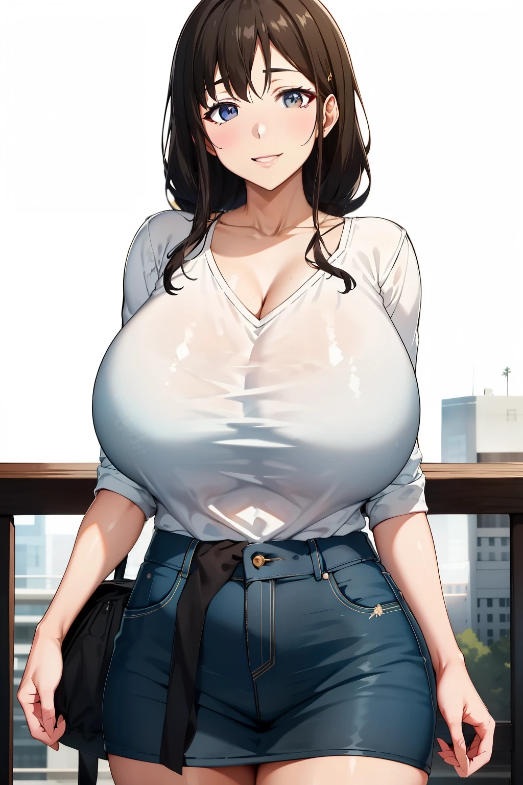 (超High resolution,4K,Very detailed, photograph, 8k, High resolution, High resolution, Absurd:1.2),40-year-old Japanese woman,Expensive,Long black hair,Beautiful character design,Beautifully detailed eye depiction,Perfect Face,Expressive eyes,brown eyes,Smile,White blouse,(White see-through bra:0.17),(Blue short skirt),(Huge breasts:1.2),Narrow waist,On the balcony,Daytime,Cowboy Shot