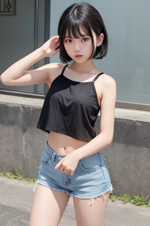 masterpiece, RAW photo, Photo Real, photo Realistic, 1 Japanese Cute girl, 18 years old, A dark-haired, Light bangs, half up, short-hair, round face, Facial expressions to enjoy, View here, full body, ((tank top:1.2)), (denim mini skirt:1.2)),