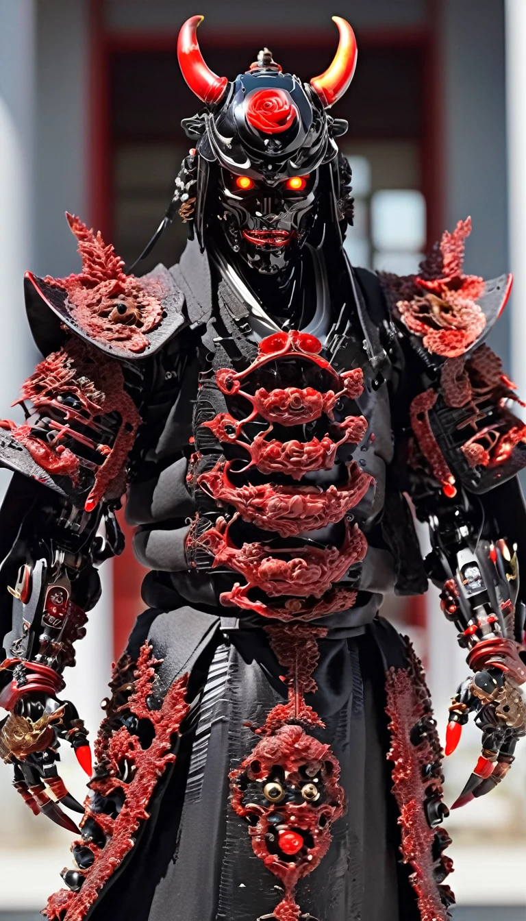 １３century、A white cyborg samurai-like creature wearing a Hannya mask.、Shining eyes、 Kneel on one knee、(Black and Red)、FW Murano Style, An explosion of vibrant colors, Incredibly detailed, dark, Key Visual, in the air, Very realistic, Attention to detail and texture, Ray Tracing