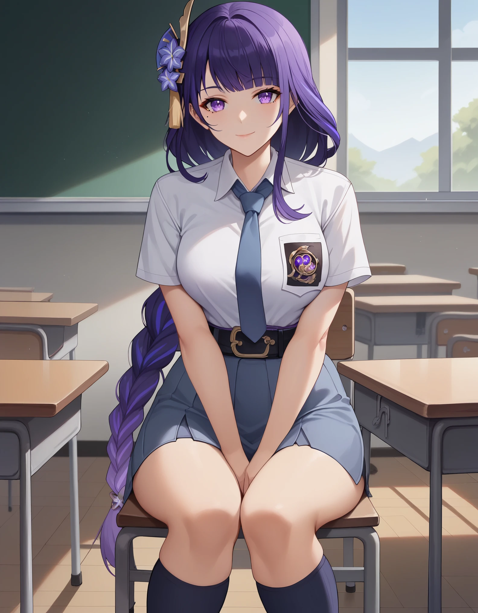 score_9, score_8_up, score_7_up, solo,1girl, raiden shogun, braid, braided ponytail, hair flower, hair ornament, long hair, mole under eye, purple eyes, purple flower, purple hair, single braid, sidelocks, large breasts, tucked in sma shirt, sma necktie, sma belt, sma skirt, sma shirt, sma skirt, inside classroom, windows, chair, tables thighs, looking at viewer, smile, sunligth, sit on chair, socks, hands between thighs, anime screencrap, dutch shot,