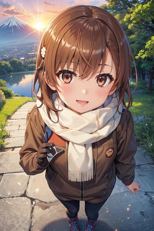 
misaka mikoto、Shiny brown hair, short hair, Beautiful brown eyes、smile、Shining Eyes, (fine grain)、Ultra-fine mesh、Highly detailed face, Very fine grain,Cowboy Shot、

Best Quality、High resolution、Detailed Background
、A light down jacket or a thick sweater、Choosing trekking shoes、Gloves and scarf、Earmuffs, etc..、A big smile、smile、
Summit. Fuji towering in the distance、The bright red morning sun paints the sky、
A girl standing alone on the summit、A sparkle in the eyes as they look up at the sky、
The sun&#39;s light shines on the earth、Beautiful views from high up、
Summitに立つ***の姿、Clear々A place full of joy and hope、
(雄大なFuji山を背景に少女が日の出を迎える風景. Fuji:1.5)