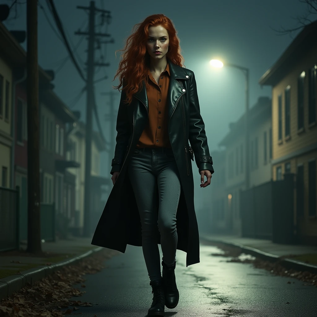 An English vampire woman with fair skin and chestnut brown hair, her lips smeared with blood as it drips from her fangs. She wears a stylish, modern trench coat over dark clothing, blending into the night. The setting is a foggy night in London, with the iconic Big Ben and the Houses of Parliament in the background. She stands in the shadowy alley near Westminster Bridge, the faint glow of street lamps casting eerie shadows as she surveys her next victim.