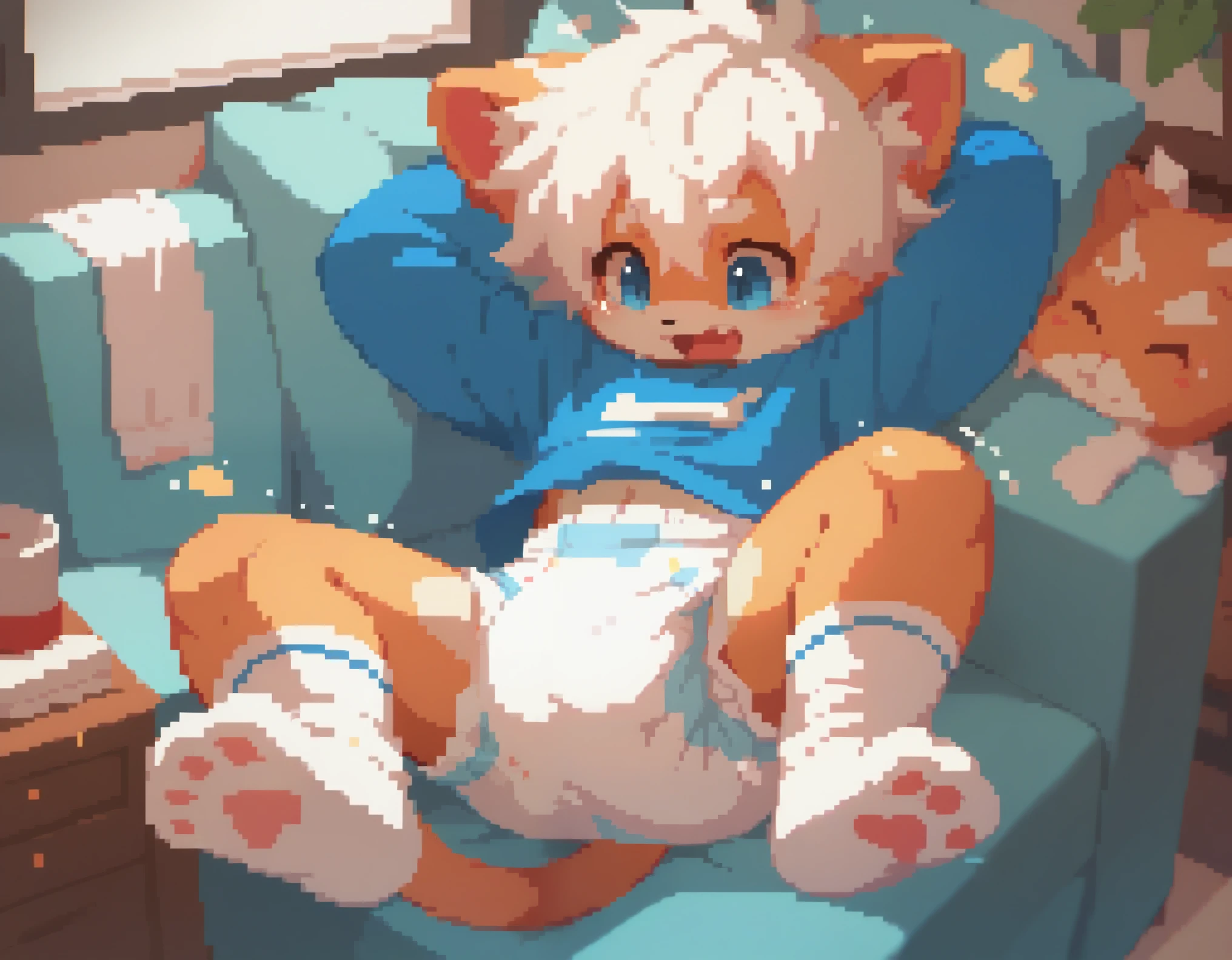 furry，Cute cat boy，White hair，Struggling，（Wearing cute diapers），Short white socks，Wet diapers，HD