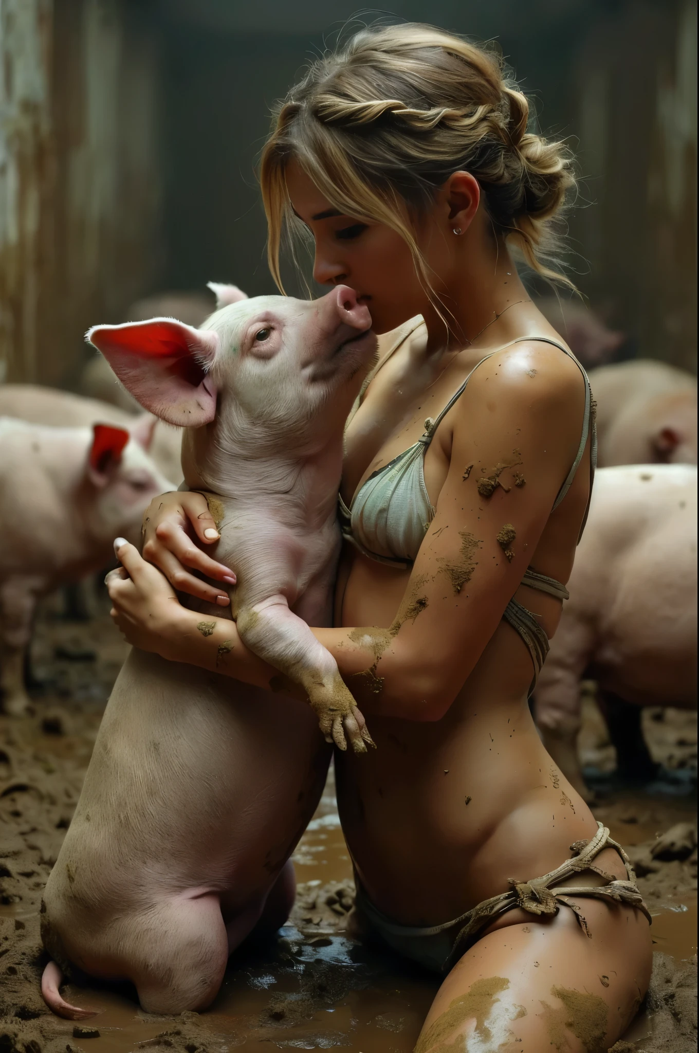 A beautiful girl covered in mud hugs and kisses a dirty pig while buried in feces and urine in a dirty pigsty