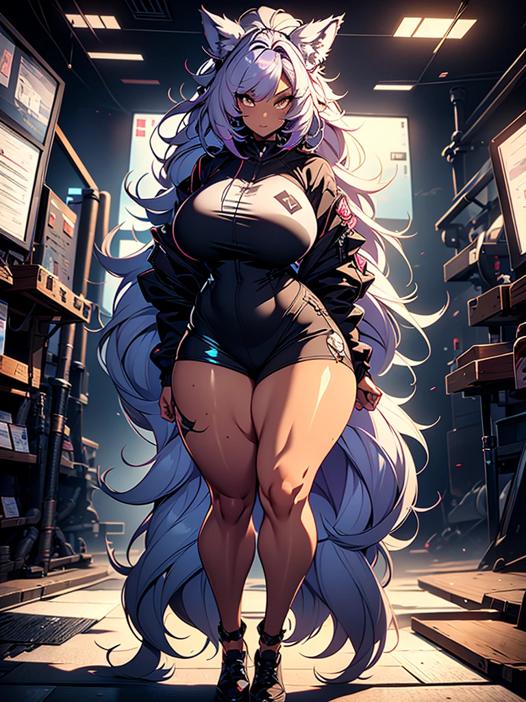 one woman, wolf girl, wolf ears, wolf tail, violet hair, strong, firm body, thick thighs, big breasts, muscular arms, casual clothes, sfw, sexy, full body, masterpiece, highly detailed, shiny clothes, latex, tall women,