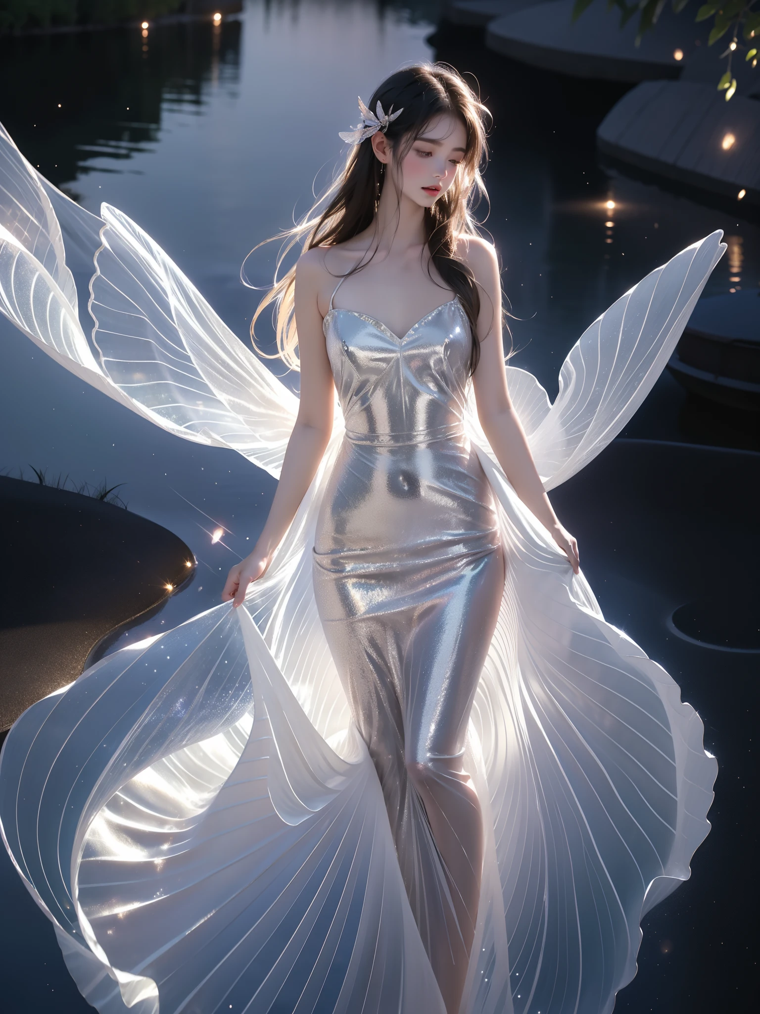 dress,wings,fairy , A beautiful girl lies in the water, surrounded by soft ripples and shimmering reflections. Her long, flowing hair moved gently with the breeze, giving off an ethereal glow in the night lit by fireflies. The painting captures a quiet night with a starry, foggy sky. She has the right and elegant proportions, especially emphasizing her elegant, beautiful legs. Bare shoulders, delicate features show a peaceful expression. The water around her glows in cinematic lighting, creating a dreamy and mysterious atmosphere with realistic details