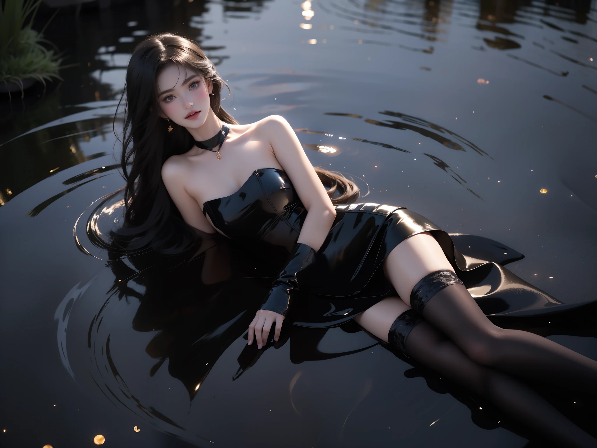 black dress
black thighhighs
black gloves, , A beautiful girl lies in the water, surrounded by soft ripples and shimmering reflections. Her long, flowing hair moved gently with the breeze, giving off an ethereal glow in the night lit by fireflies. The painting captures a quiet night with a starry, foggy sky. She has the right and elegant proportions, especially emphasizing her elegant, beautiful legs. Bare shoulders, delicate features show a peaceful expression. The water around her glows in cinematic lighting, creating a dreamy and mysterious atmosphere with realistic details