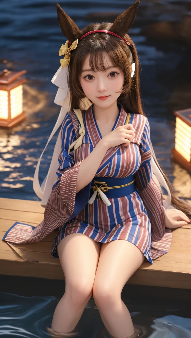 ruru
japanese clothes, long sleeves, dress, bow, ribbon, brown hair, long hair, hair ornament, bangs, hair flower, hairband, hair bow, hair ribbon, (best quality, masterpiece:1.2), tianfeng1, Extremely detailed, (Practical:1.37), beautiful, youth, Charming female model, sweet smile, Sweetheart girl, Warm colors, ((Full body view，Bend your knees naturally，Skin is firm and smooth)), ((in old fashioned room，Sitting on a low bed，lean back，Support the body with your elbows)), ((Elegant and natural gesture)), (big eyes, Exquisite eyes, Delicate lips, Exquisite eyes), Available in white and floral pattern, Show a bright smile, fit, Full breasts, ((Large Breasts)), Long legs, Create a stunning photo of a sleeping girl