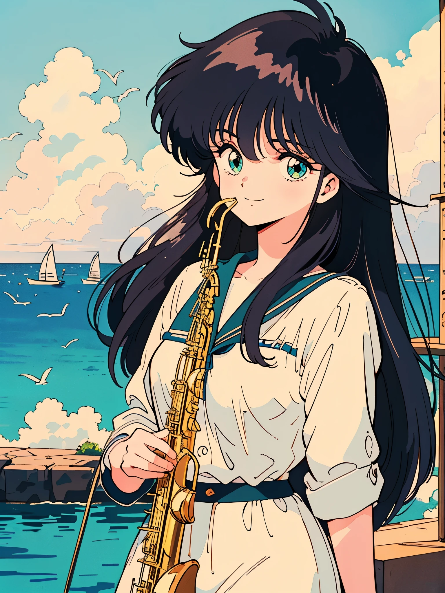 (masterpiece, Best Quality, High resolution:1.5, Anime Colors, 80Decade Style:1.2, sharp, 8k、Playing the saxophone), (Beautiful detailed eyes:1.5, Beautiful detailed face:1.2), Ayukawa Madoka One Girl, , (Black Hair, Long Hair), Large Breasts), (Neat clothes:1.2, smile), whole body(Perfectly detailed anatomy, Beautifully detailed hair, Beautiful detailed body:1.2, Shiny skin), (Thick outline, Beautiful outline, Black outline), A cafe with a view of the sea, seagulls and yachts in the background:1.5