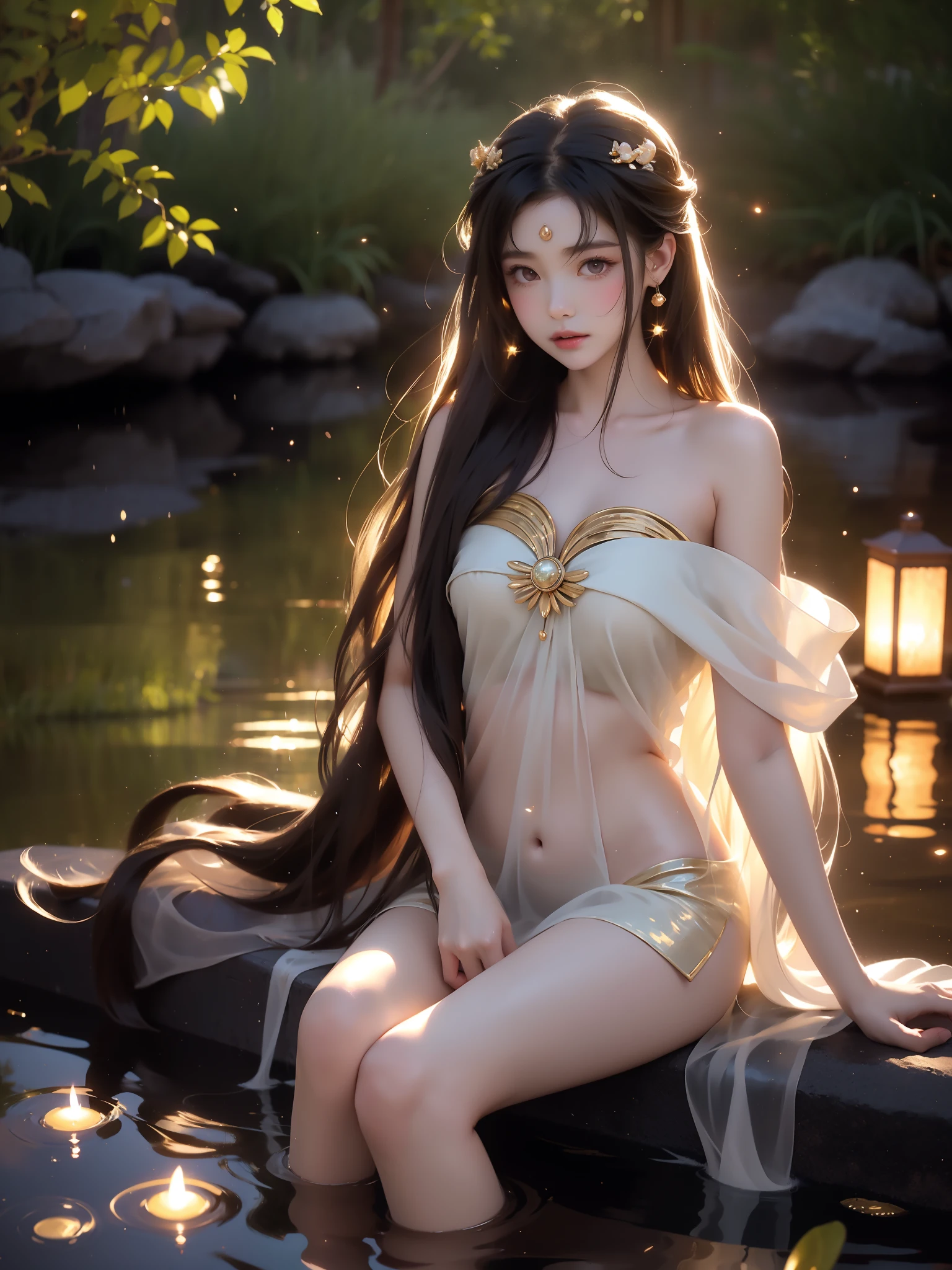 Kurikara-Tendou , A beautiful girl lies in the water, surrounded by soft ripples and shimmering reflections. Her long, flowing hair moved gently with the breeze, giving off an ethereal glow in the night lit by fireflies. The painting captures a quiet night with a starry, foggy sky. She has the right and elegant proportions, especially emphasizing her elegant, beautiful legs. Bare shoulders, delicate features show a peaceful expression. The water around her glows in cinematic lighting, creating a dreamy and mysterious atmosphere with realistic details