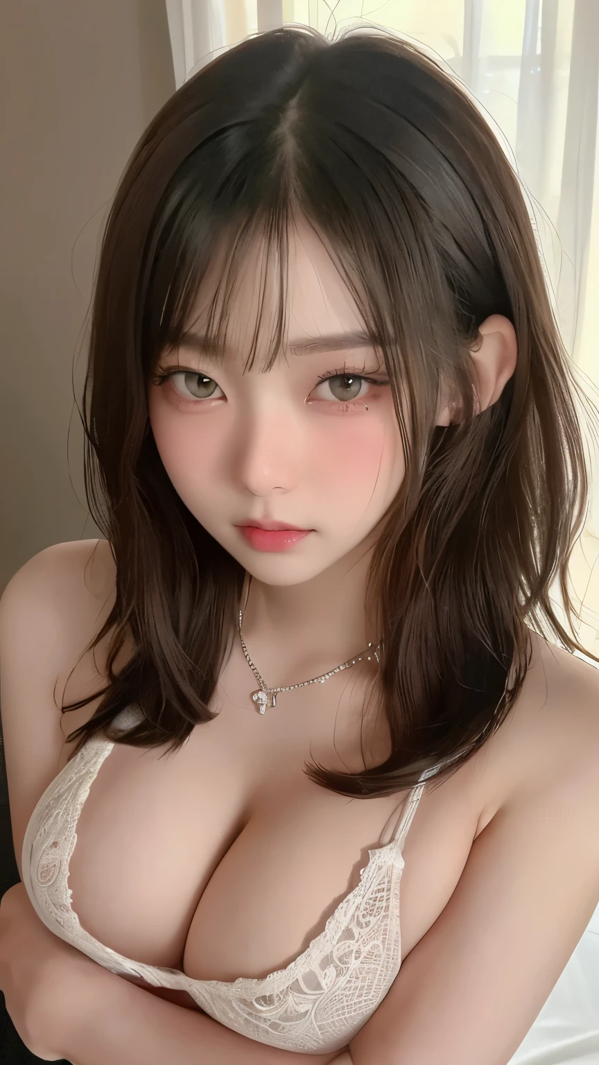 Tabletop、Close-up shot of the face、(8k、RAW Photos、Best Quality、masterpiece: 1.2)、Gothic Makeup:1.4、Beautiful big brown eyes、Glowing White Skin、Bangs、Very cute and beautiful young woman、((Big Breasts:1.2))、Fantasy、 dream、Detailed face、The chest was wide open、Sexy Bondage、Simple Necklace、Blurred black background:1.5、Photo Studio、Cinema Lighting、Professional Photographer