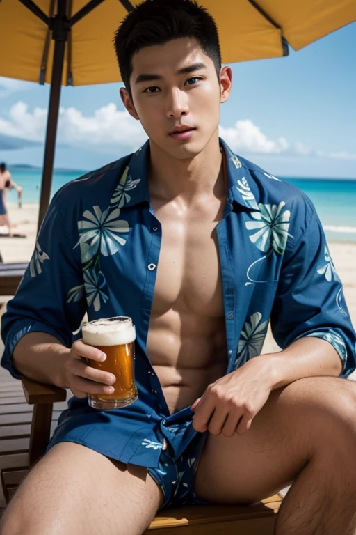 HANDSOME ASIAN MAN, KOREAN, SHORT HAIR,best hands,best quality,(masterpiece:1.1576), (ultra detailed 8k art:1.05),1 male,(black hair, buzz cut:1.2),(drink 1 beer,Sweatt,1 beer mug,blue eyes),close-up 1 male, dark skin,  (Hawaiian shirt:1.5),cowboy Shot,fresh,outdoor,beach,looking the viewer  BREAK, shirt fully unbuttoned,shirt wide open,open legs,white bikini,yellow Beach Umbrella, Adirondack Chair,(crowded beach with people in swimsuits:1.2)