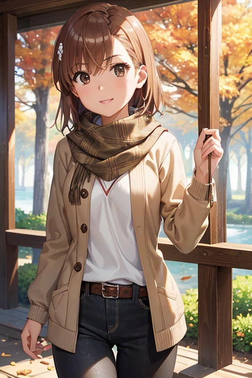 
misaka mikoto、Shiny brown hair, short hair, Beautiful brown eyes、smile、Shining Eyes, (fine grain)、Ultra-fine mesh、Highly detailed face, Very fine grain,Cowboy Shot、

Best Quality、High resolution、Detailed background young anime woman, Enjoy a walk in the fall,  Beige sweater, Green scarf black pants.