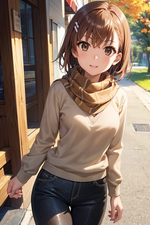 
misaka mikoto、Shiny brown hair, short hair, Beautiful brown eyes、smile、Shining Eyes, (fine grain)、Ultra-fine mesh、Highly detailed face, Very fine grain,Cowboy Shot、

Best Quality、High resolution、Detailed background young anime woman, Enjoy a walk in the fall,  Beige sweater, Green scarf black pants.