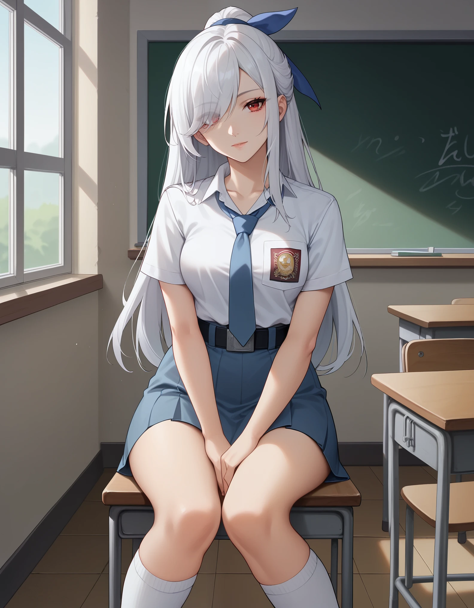 score_9, score_8_up, score_7_up, solo,1girl, hsr jingliu, expressionless, long hair, white hair, swept bangs, high ponytail,  red eyes, hair over one eye, eyes visible through hair,blue hairband, hairband, collarbone, medium breasts, tucked in sma shirt, sma necktie, sma belt, sma skirt, sma shirt, sma skirt, inside classroom, windows, chair, tables thighs, looking at viewer, smile, sunligth, sit on chair, socks, hands between thighs, anime screencrap, dutch shot,