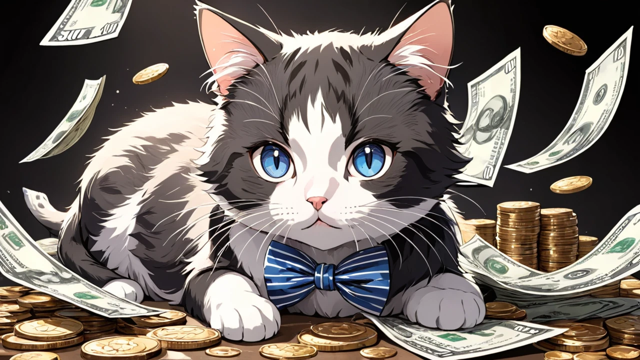 a chic cat, the cat's pattern is black and gray stripes, wearing a blue and white polka dot bow tie, black background, animal faces, anime style, (best quality,4k,8k,highres,masterpiece:1.2), ultra-detailed, (realistic,photorealistic,photo-realistic:1.37), extremely detailed face, anime-style eyes, blue eyes, long eyelashes, highly detailed, intricate details, cinematic composition, vivid colors, dynamic pose, surrounded by money, lots of coins and bills