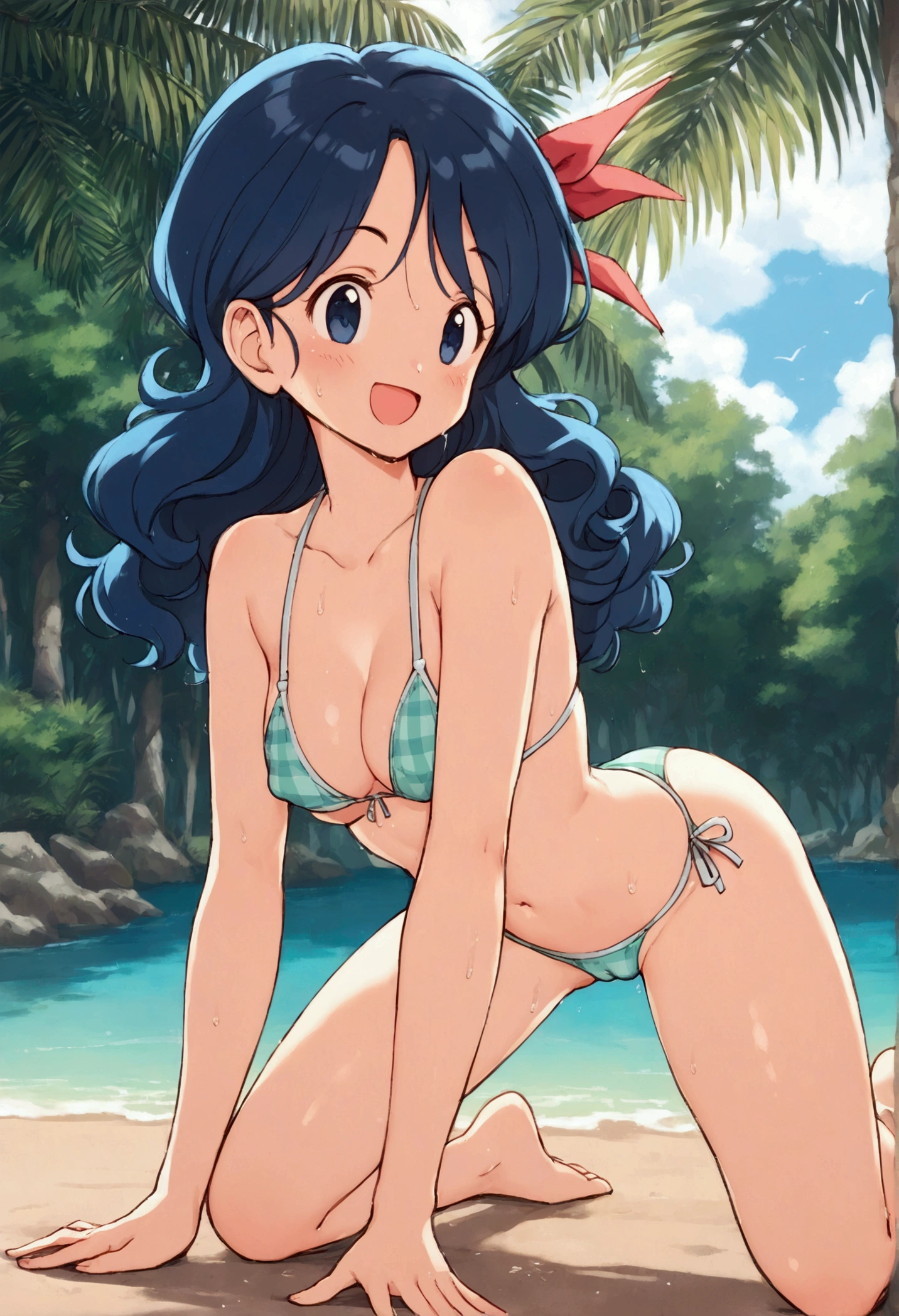 score_9, score_8_up, score_7_up,score_6, score_5, score_4,BREAK ,from behind, looking back, 1girl, launch good, blue eyes, blue hair, long hair, curly hair,happy, big smile, opened mouth, eyelashes, nsfw, puffy nipples,camel toe, strings bikini, turquoise-colored bikini, plaid-patterned bikini, half-top bikini, high-waist bikini, cleavage, bare hands , bare foot, oily shiny skin reflect light,  softy large breast, big hip, on all fours on the water, wet, sweat, waterdrop, outside, Crystal-clear water sand of the Sea floor ,anime style, studio anime,highly detailed,masterpiece, best quality,
best aestethic, absurdres,cinematic lighting,(cell anime)