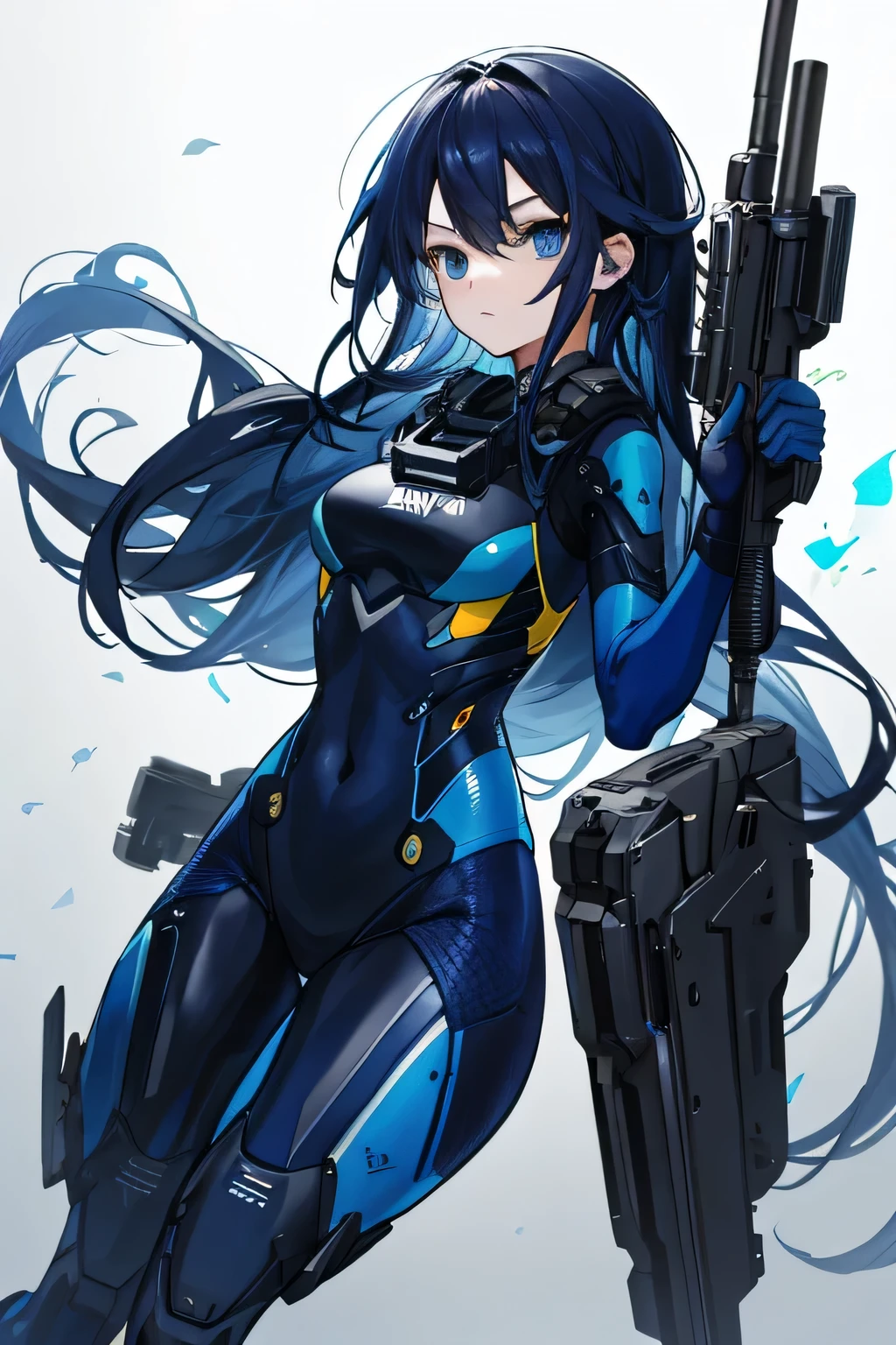 There is no background，girl，carry a firearm，Enamel-like tight suit，use of firearms，Navy blue long hair，attention arousal，Blue colored eyes,no gradation