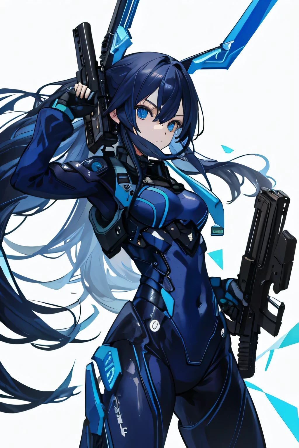 There is no background，girl，carry a firearm，Enamel-like tight suit，use of firearms，Navy blue long hair，attention arousal，Blue colored eyes,no gradation