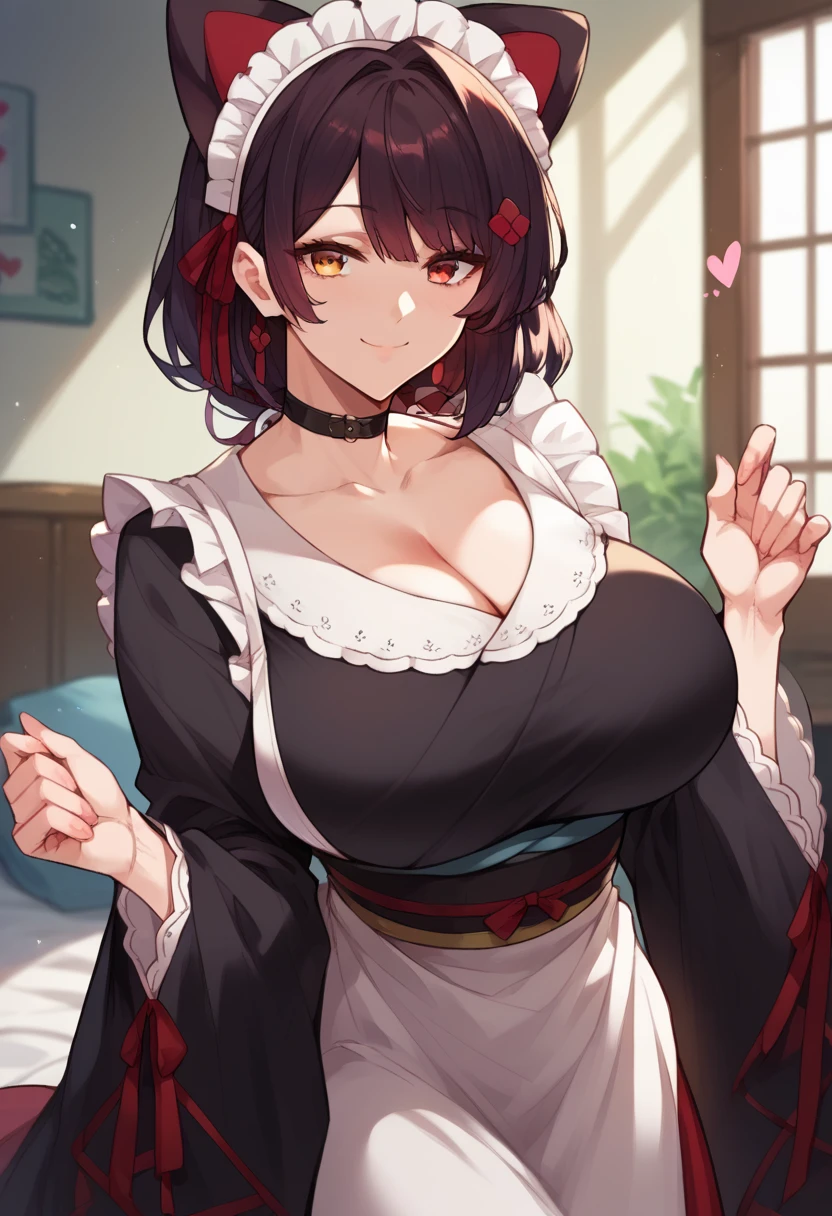 Nijisanji、choker, maid headdress, black kimono, wide sleeves, frills, Heart, white apron, sleeves past wrists, skirt, red skirt、huge Breasts、smile