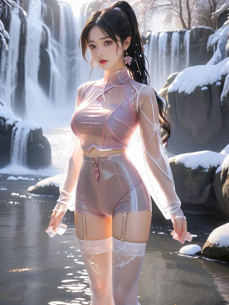 ((A woman)), 美丽脸庞的Sexy中国华裔女明星, Wearing pink, Wearing pink透明衬衫, Wearing pink透明裤子, The pants are very fluffy，Completely round，Perfect sphere, High quality
((Transparent adhesive clothes: 1.5), (Revealing clothes: 1.5),  (Wet clothes:1.5), (Color of clothes: Pink), ((Wearing transparent clothing)))
(((night, Next to the waterfall, Fallen Leaves, moonlight, dark clouds))),
((desktop:1.0), (Highest quality:1.0), (high resolution:1.2), (Reality:1.0),( Ultra HD:1.3))
((8K Ultra HD, 8K, 超high resolution, Best quality, Super Fine, Clear focus. Masterpieces, complete pattern, Detailed photos, Best image quality，Ultra-clear，Delicate facial features, Well-defined, Highly rated works, Close-up depth of field photography, Above the knee, Symmetrical character)), 
((Creating the image of a real girl), Realistic shadows, Soft lighting, Dynamic Angle, Dynamic poses, Elegant Posture, Cowboy lens, Full body front view, Be confident, Facing the camera, Eyes looking towards camera lens, Standing posture, Open your legs slightly, Golden Ratio Graphics, Minimalism, Center the character), 
( Smile, Sexy的, Balanced Eyes, Realistic eyes, Beautiful details of the eyes,Pretty Face, (Realistic face), Normal facial features, Realistic skin, Pay attention to skin details, Skin is clean and radiant, Whitening, Anatomically correct body, Golden ratio figure, Sexy的身材), 
(Perfect makeup, Gloves, earrings</input></xml>, bracelet, necklace, Jewelry, Hair accessories, shawl, sock, Knee socks, 吊garter, Leg ring, garter, 腿部garter), 
((beautiful hair), Dark black hair, Wavy curly hairstyle, Waist-length hair, Messy Hairstyle, Gradient hairstyles, Cyberpunk Hairstyle, High double ponytail hairstyle, Bangs), 
(Sexy的, Perfect breast shape, Teardrop chest shape, Snow-white breasts, Very detailed breasts, 34C cup), 
(Super high waist, Deep V, Low-cut, Sexy, Flattering, Open crotch, (Clear camel toe, (High fork strangulation))),
(((Clear outline, Clear underwear, 透明Sexy的穿着)))