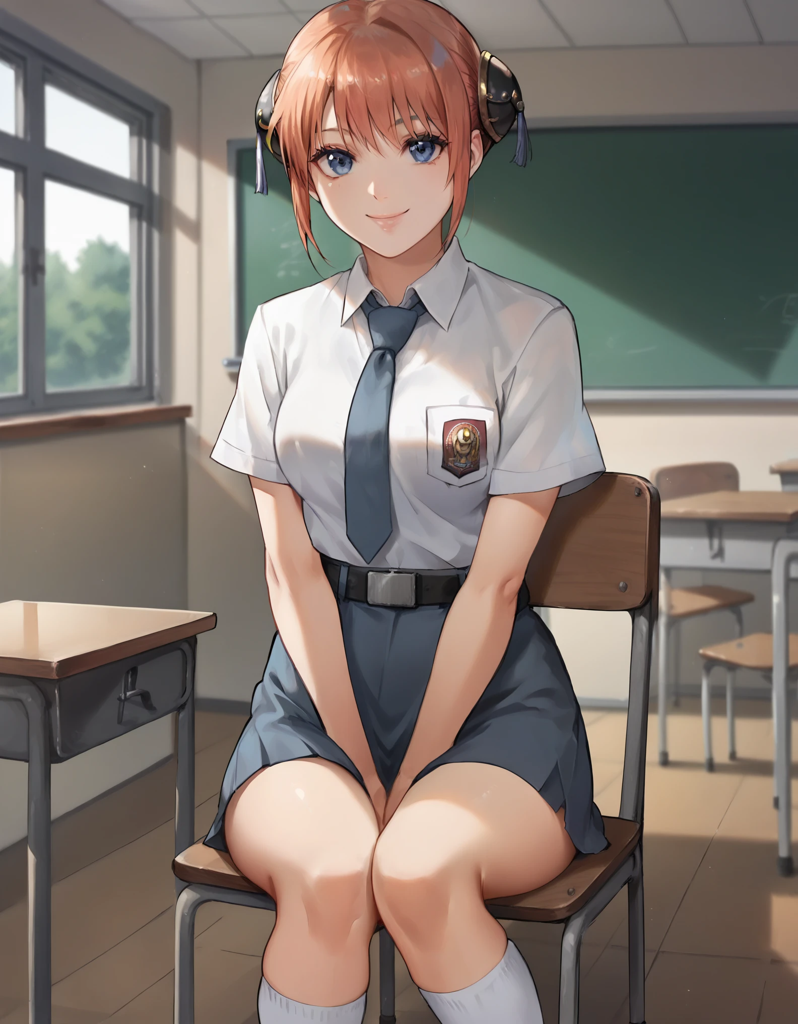 score_9, score_8_up, score_7_up, solo,1girl, Kagura
Short hair, double bun, black bun cover, medium breasts, tucked in sma shirt, sma necktie, sma belt, sma skirt, sma shirt, sma skirt, inside classroom, windows, chair, tables thighs, looking at viewer, smile, sunligth, sit on chair, socks, hands between thighs, anime screencrap, dutch shot,