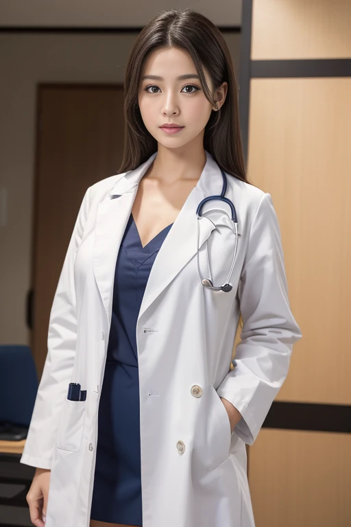 ((Female doctor))、((Upper body naked))、((Stethoscopeで胸を隠します))、((Naked with only a white coat on))、The chest is hidden、((Unbutton the front of your white coat))、((Cleavage))、((Best Quality, 8k)), Beauty,((Stethoscopeを首からさげています))、 Japanese women, Doctor, whole body, Perfect Anatomy, Standing, ((Belly button))、写実的な美しいDoctor、Stunningly beautiful、白衣のDoctor, White collared shirt、(Best Quality、8k、32K、masterpiece、NFFSW:1.3)、Super A high resolution(Photorealistic:1.4),RAW Photos, Detailed face,,Beautiful Hair,Realistic Skin、 ((Doctor Style)), , Black tight skirt、Black Stockings、Natural Makeup,, Very large breasts、Clevis、Inside the hospital, Detailed Background, Perfect lighting, Depth of written boundary, Beautiful shadow gradation,Stethoscope ,