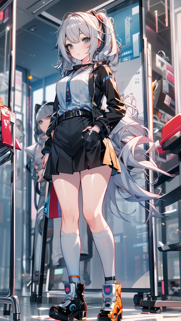 (masterpiece,best quality),best resolusion,1 girl,solo,Firefly character,long gray hair,gray eyes,use hair accessories,wearing a dress with a dominant color of light blue from the chest to the hips with black on the shoulders accompanied by gold patterns,Wearing a two-pronged orange tie,wearing footwear from thigh to toe with a dominant color of dark blue with a little white and gold patterns,normal breasts,beautiful face,beautiful hand, beautiful body,beautiful hair,beautiful eyes,beautiful leg,Colored,half colored