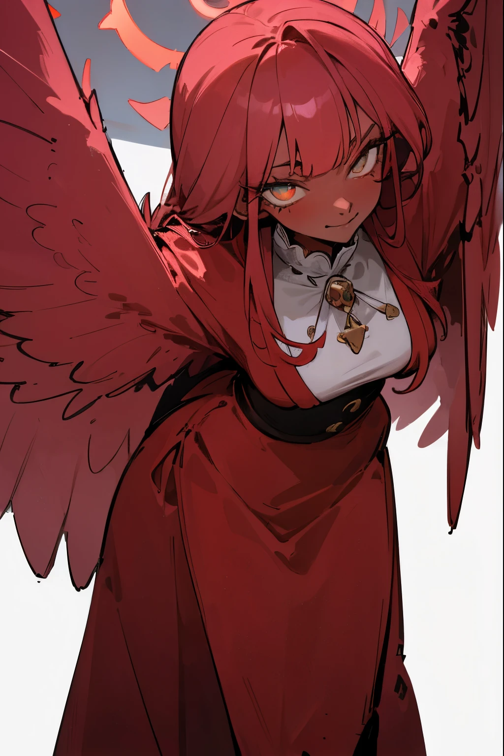 master masterpiece, 4k, highly detailed, subsurface scattering, (beautiful detailed eyes:1.6), extremely detailed face, mature woman, harpy, wings, wings arms, red feathers, aru_bluearchive, long hair, red hair, neon yellow eyes, yellow eyes, queen, cronw queen, royal suit, queen robe, dark skin, sadistic smile, sadistisc, Clear focus, clear backgronud, simple background, hard lighting, vivid colour