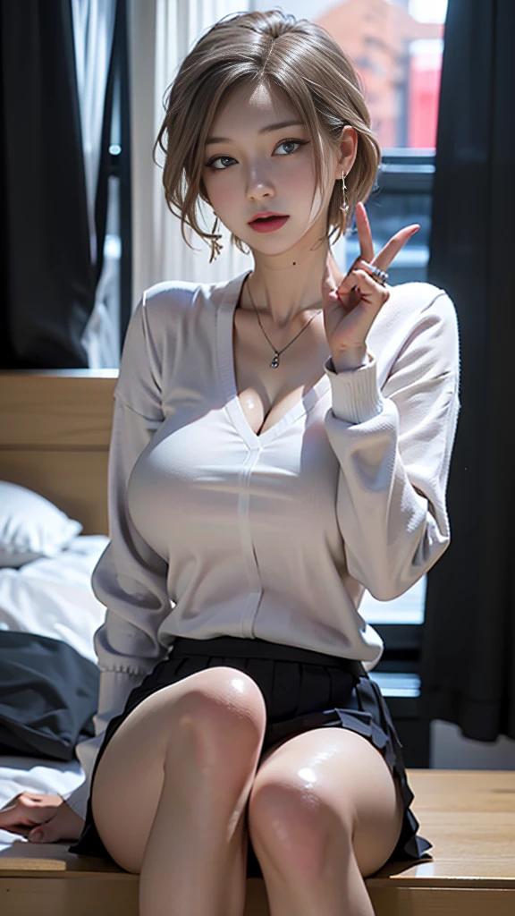 table top, highest quality, Photoreal, finely, High resolution, 8k wallpaper, perfect dynamic composition, beautiful blue eyes、(SFW:1.5), (((1 female)))、Accurate representation of anatomical structures、(((crawl on all fours)))、(((pixie cut、wavy))), big and full breasts, random sexy pose,chest to chest、(Breast bulge 1.2)、laughter、open your mouth、resort scenery、(((42 years old)))、(droopy eyes 1.4)、 beauty、Japanese、(mole under left eye、Kuroko on the right side of the mouth)、delicate, masterpiece, beautiful details, colorful, exquisite details, delicateな唇, dense chest, (open jacket,shirt, skirt,tie, black pantyhose,Christian Louboutin), earrings, necklace, armband, (美feet, skinny, slim_feet, thigh_gap, model), Seen from the front, (cool expressions), dynamic pose up), (Sitting in a large office boss chair))