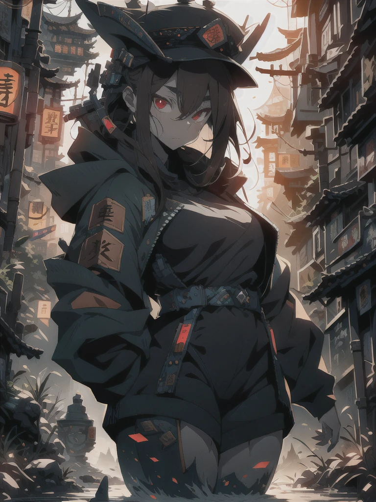 Cyberpunk female, jiangshi, jiang shi girl, dark hair, large breasts, chinese clothes, yao jun hat, runes, chubby, pale skin, red eyes, curvy body, serious