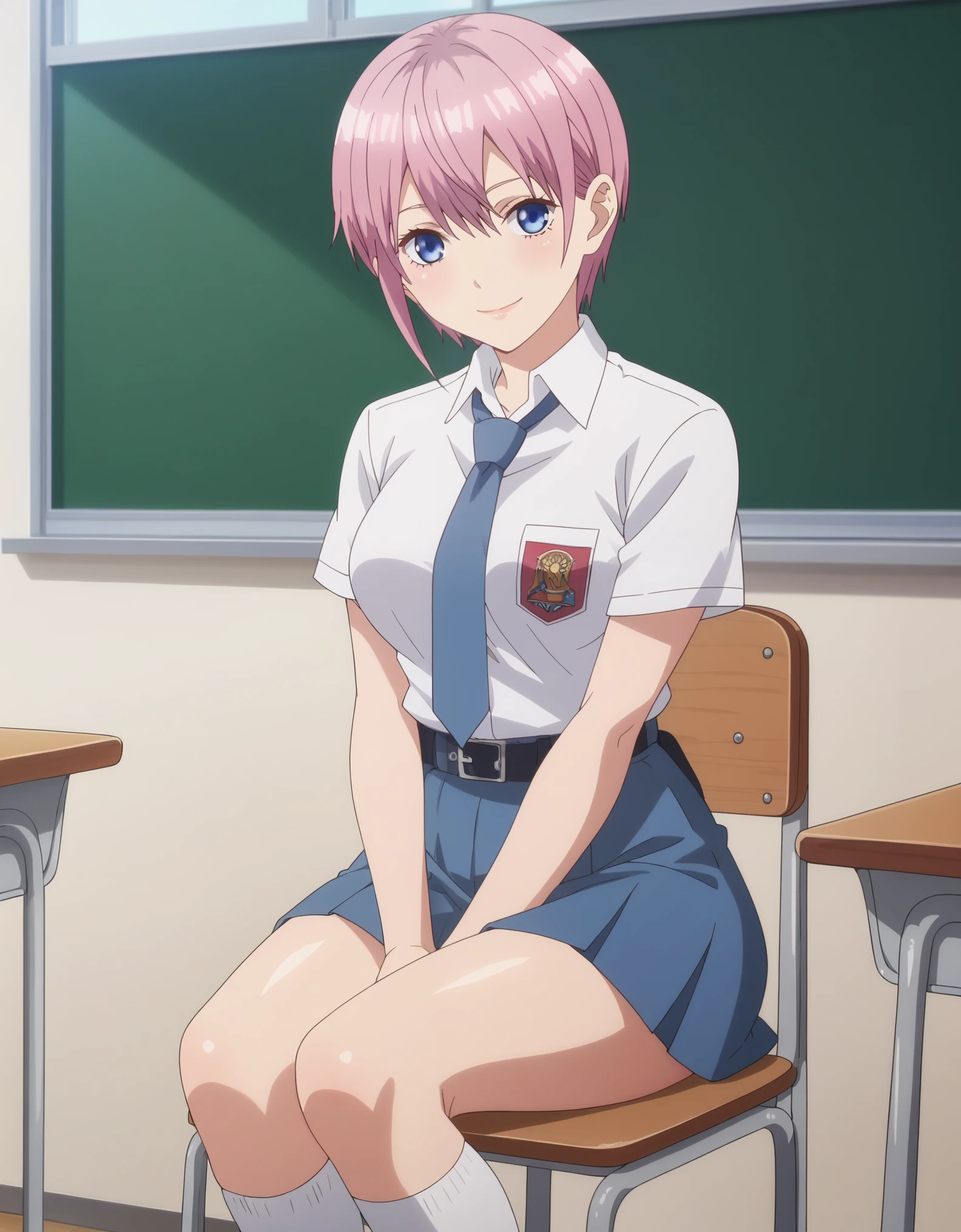 score_9, score_8_up, score_7_up, solo,1girl,ichika nakano, short hair, bangs, blue eyes, hair between eyes, pink hair, medium breasts, tucked in sma shirt, sma necktie, sma belt, sma skirt, sma shirt, sma skirt, inside classroom, windows, chair, tables thighs, looking at viewer, smile, sunligth, sit on chair, socks, hands between thighs, anime screencrap, dutch shot,